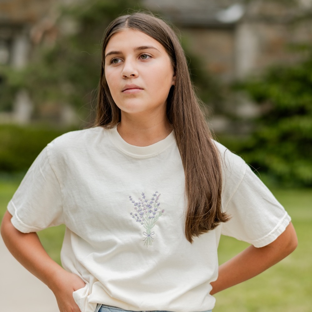 Cream T-Shirt with Lavender Design embroidered Boxy tee(cropped)